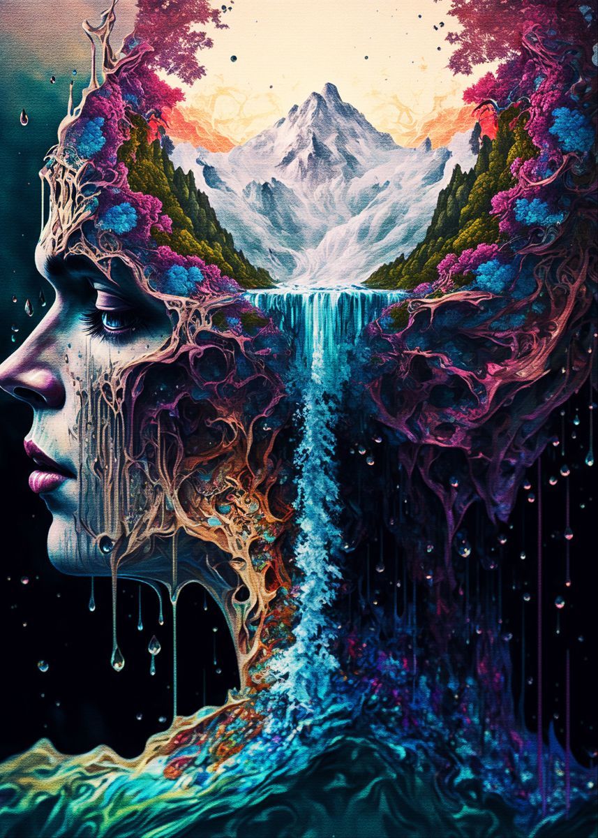 Amazing Nature Fantasy Canvas Painting Wall Art Abstract Woman Head And Water Poster