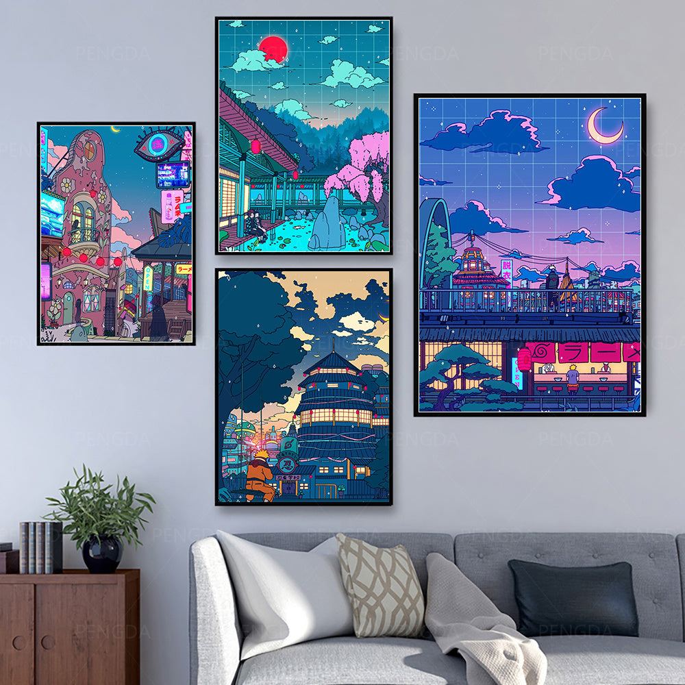 Canvas Wall Art Landscape Street View Poster Night Tree Cute Bedroom Picture Frame Modular Photo Frame